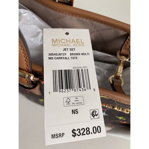 Michael Kors Jet Set Brown MultiColor Airplane Print Carryall Tote Purse Bag NEW - Picture 4 of 13